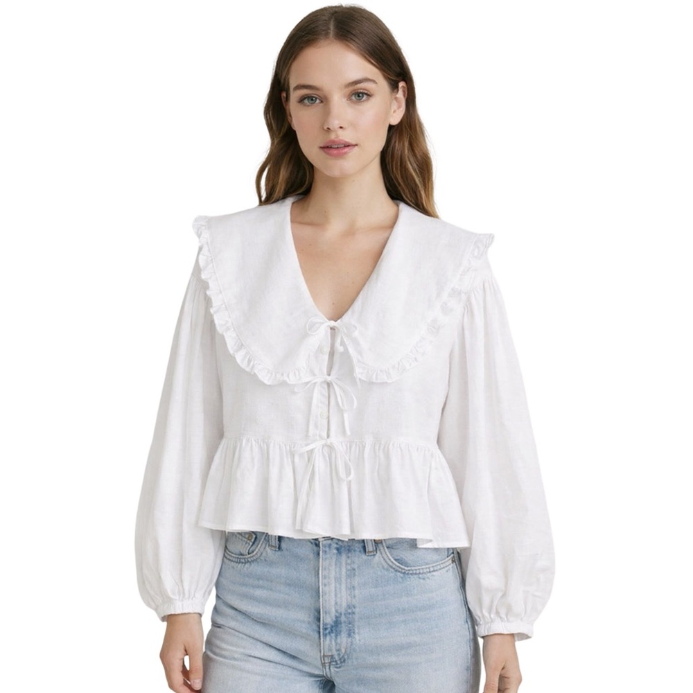 H&M Peter Pan Oversized Ruffled Oversized Collar Blouse Front Tie Closure Boho